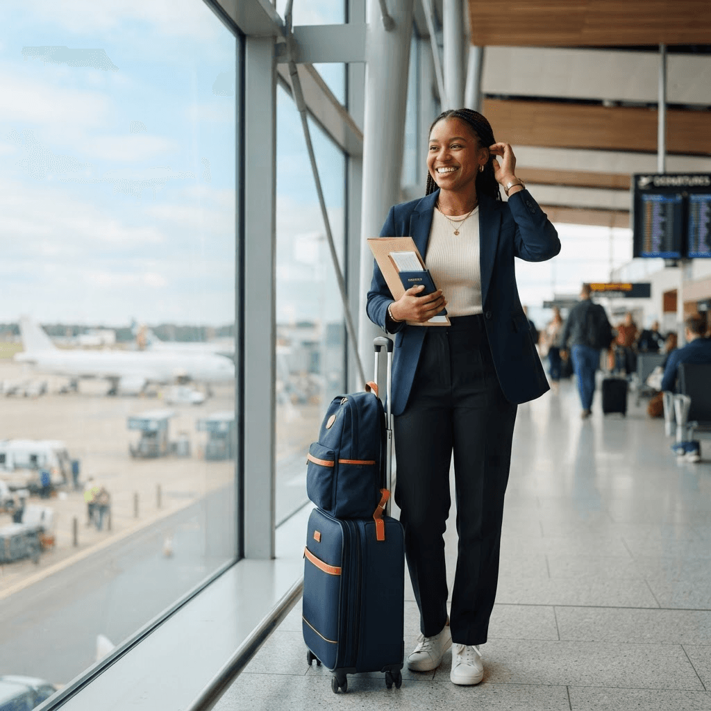 Student smiling in an airport with a passport